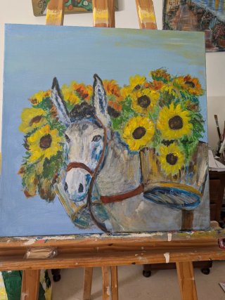 Lienzo Impresionista Burro y Girasoles