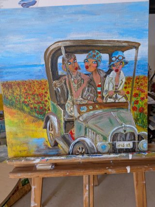 Lienzo pintado a mano: Tres mujeres vintage.Años30