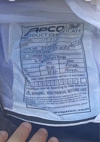 Vela paramotor Apco Lifze Talla S