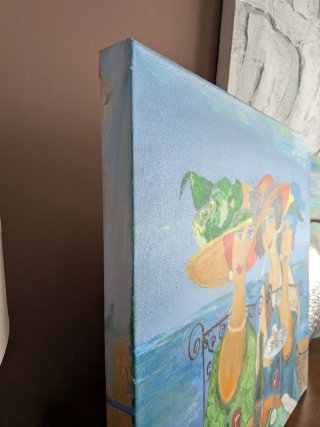 Lienzo pintado a mano: Tres mujeres. Vintage.