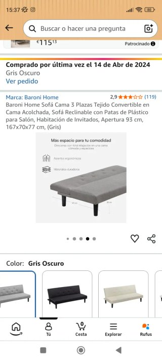 Sofá Cama Plegable Gris.