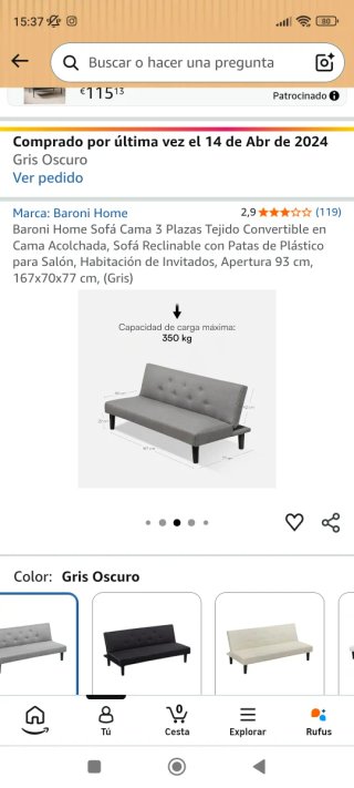 Sofá Cama Plegable Gris.