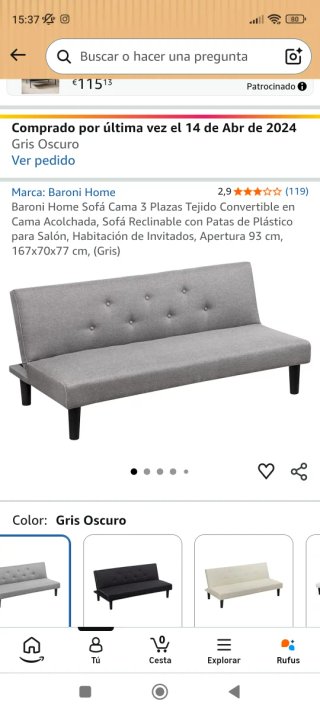 Sofá Cama Plegable Gris.