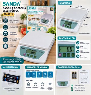 Báscula Cocina Digital 6 kg Precisión 0,1 g, nueva