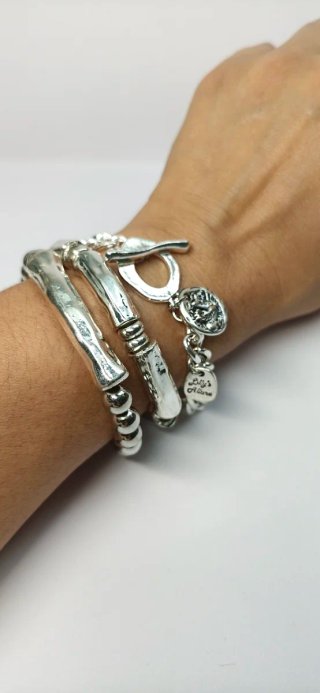 Juego 3 Pulseras Plata Estilo Bambú