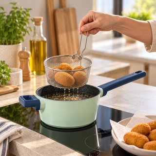 Batería 6 piezas granito verde menta con cesta