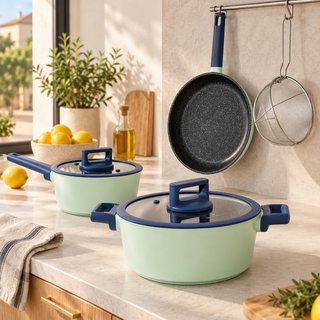 Batería 6 piezas granito verde menta con cesta