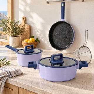 Batería 6 piezas granito lavanda con cesta