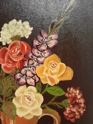 Óleo de flores en jarrón de terracota