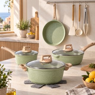 Set di pentole 13 pezzi granito verde salvia con wok