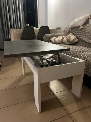 Mesa centro elevable blanca y gris cemento