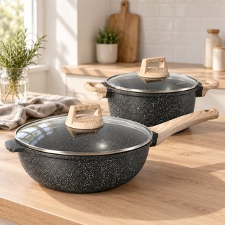 Batería 14 piezas granito negro wok 28 cm