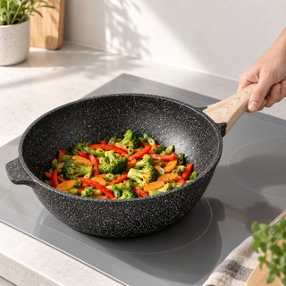 Batería 14 piezas granito negro wok 28 cm
