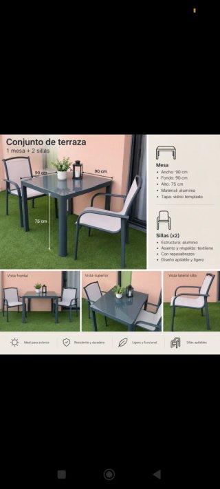 Conjunto terraza mesa aluminio/vidrio + 2 sillas