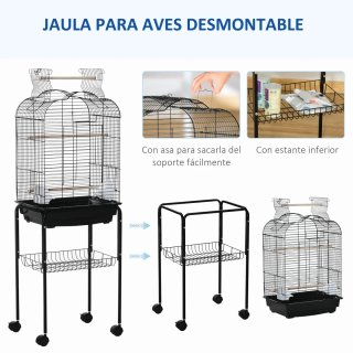 Jaula para pájaros soporte y ruedas bandeja aves