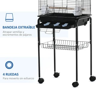 Jaula para pájaros soporte y ruedas bandeja aves