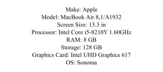 MacBook Air 13.3 Intel Core i5 8GB RAM 128GB SSD