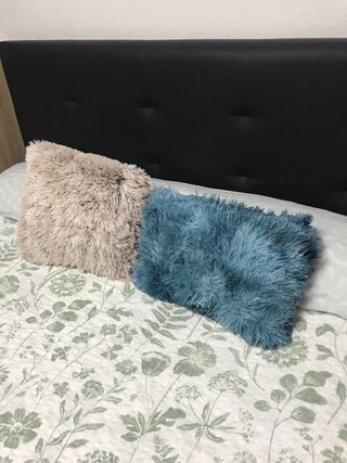 Cojines peludos beige y azul