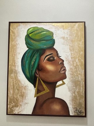 Cuadro al óleo mujer con turbante verde