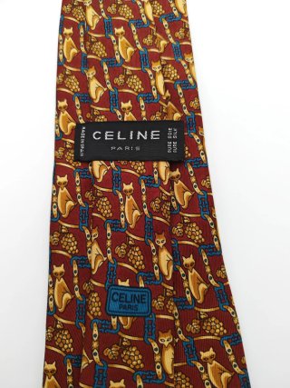 Cravatta CELINE Paris in seta rossa con volpi e uva