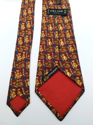 Cravatta CELINE Paris in seta rossa con volpi e uva
