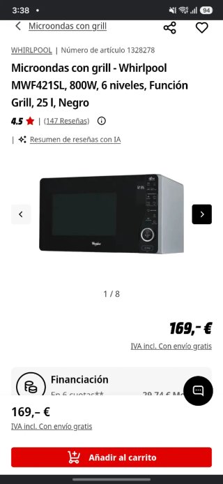 Microondas Whirlpool MWF421SL Negro