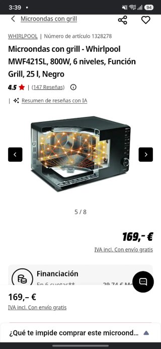 Microondas Whirlpool MWF421SL Negro