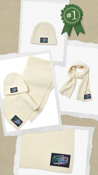 Conjunto lana Lacoste gorro y bufanda beige