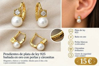 Pendientes Plata Ley 925 Baño Oro Perlas