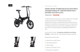 Bici Eléctrica Plegable 16 Motor 250W