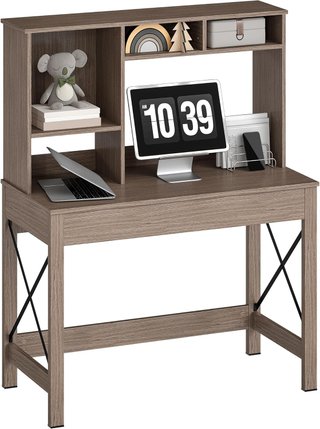 Escritorio Moderno para Computadora con Estantes Abiertos, Escritorio con Librería de Madera, Mesa para PC, para Oficina, Estudio y Dormitorio, 105X50X137.5Cm, Marrón