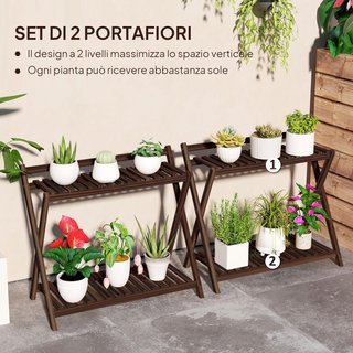 Juego de 2 Soportes para Plantas de 2 Niveles para Interiores y Exteriores, Estante para Plantas de Madera de Abeto, para Patio, Jardín, Balcón, 73X36X64 Cm, Marrón Quemado