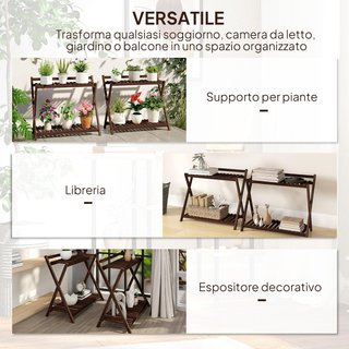 Juego de 2 Soportes para Plantas de 2 Niveles para Interiores y Exteriores, Estante para Plantas de Madera de Abeto, para Patio, Jardín, Balcón, 73X36X64 Cm, Marrón Quemado