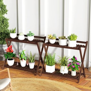 Juego de 2 Soportes para Plantas de 2 Niveles para Interiores y Exteriores, Estante para Plantas de Madera de Abeto, para Patio, Jardín, Balcón, 73X36X64 Cm, Marrón Quemado