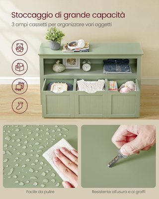 Estantería para Niños, Organizador de Juguetes para Niños, Multiusos, 3 Contenedores con Ruedas, Porta Juguetes, para Sala de Estar y Habitación Infantil, 30 X 102 X 60 Cm, Verde Laurel LHS380CE01