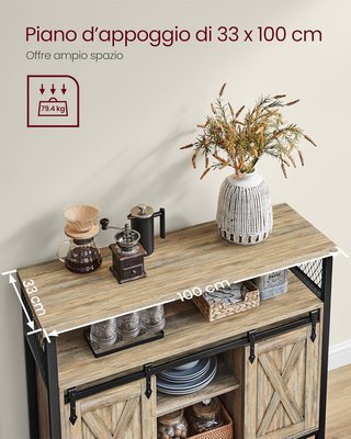 Credenza, Mueble de Cocina, Armario Organizador, Con 2 Puertas Correderas, 33 X 100 X 80 Cm, Estantes Ajustables, Estilo Country, para Salón, Marrón Turquesa y Negro Tinta