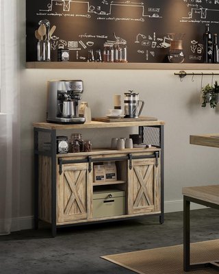 Credenza, Mueble de Cocina, Armario Organizador, Con 2 Puertas Correderas, 33 X 100 X 80 Cm, Estantes Ajustables, Estilo Country, para Salón, Marrón Turquesa y Negro Tinta