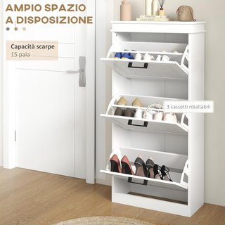 Zapatero Ahorrador de Espacio con 3 Cajones Plegables para 15 Pares de Zapatos, Mueble para Zapatos con Estante Ajustable, 54X24X117.5 Cm, Blanco