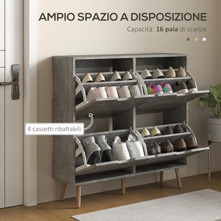 Zapatero de Entrada con 4 Cajones Plegables a 2 Niveles para 16 Pares de Zapatos, Mueble Zapatero Ahorra Espacio con Estantes Regulables en Aglomerado y Madera de Pino, 95X26X95 Cm, Gris