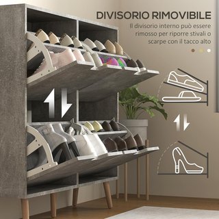 Zapatero de Entrada con 4 Cajones Plegables a 2 Niveles para 16 Pares de Zapatos, Mueble Zapatero Ahorra Espacio con Estantes Regulables en Aglomerado y Madera de Pino, 95X26X95 Cm, Gris