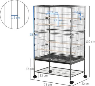 Jaula para Aves de Interior de Acero y Madera con Bandeja Extraíble, 4 Ruedas, Perchero y Contenedor de Alimentos, 78X52X132Cm, Gris Oscuro