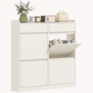 Zapatero Slim Ahorra Espacio Con 4 Puertas Abatibles, Zapatero de Entrada Con 2 Cajones Deslizables de Madera, Capacidad Para 8 Pares, 98X19.2X95.3 Cm, Blanco