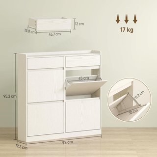 Zapatero Slim Ahorra Espacio Con 4 Puertas Abatibles, Zapatero de Entrada Con 2 Cajones Deslizables de Madera, Capacidad Para 8 Pares, 98X19.2X95.3 Cm, Blanco