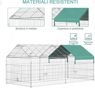 Recinto para Animales con Techo Cubierto, Cercado de Acero con Puertas para Gallinas y Conejos, 220X103X103Cm