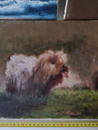 Lote 3 óleos: mujer, marina y perro