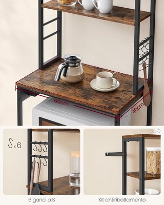 Estante de Cocina con Toma de Corriente, Soporte para Microondas, Organizador de 6 Estantes con 6 Ganchos para Bar, de Acero, 40 x 60 x 167 cm, Marrón Vintage y Negro Tinta KKS124K01