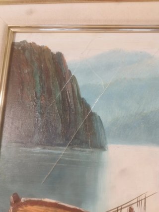 Cuadro al óleo de barcos en la costa