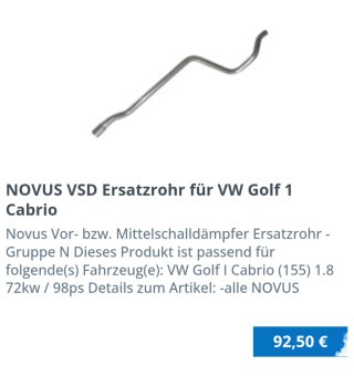 NOVUS VSD Ersatzrohr VW Golf 1 Cabrio