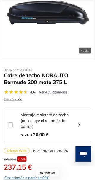 Cofre Techo Norauto Bermude 200 375L + barras
