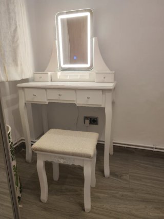 Tocador blanco con espejo LED y taburete